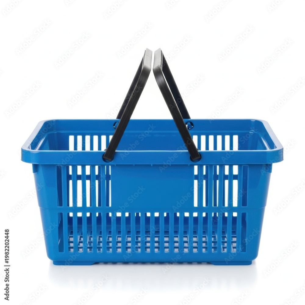 Fototapeta premium Bright blue plastic shopping basket with sturdy black handles for carrying items isolated on white background