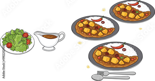 Indian Curry Dish with Rice and Sauce Bowl Collection Traditional Spicy Cuisine Food Illustration Set for Restaurant Menu and Cooking Design