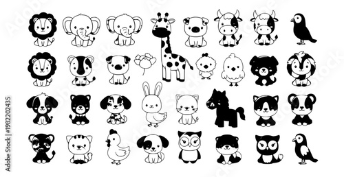 Cute cartoon animals big set wild farm pets birds kawaii vector illustration
