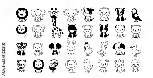 Cute cartoon animals big set wild farm pets birds kawaii vector illustration