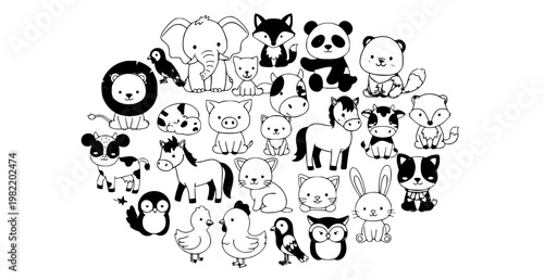 Cute cartoon animals big set wild farm pets birds kawaii vector illustration