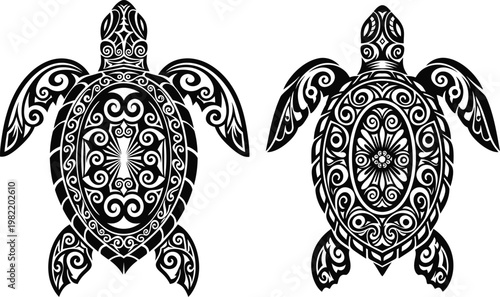 Fotografie Intricate polynesian turtle designs a black and white illustration