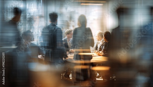 A blurred image depicts a group of people seemingly engaged in a meeting or conversation within a modern setting.