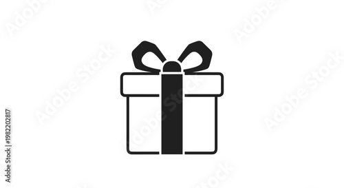 Solid black silhouette of a gift box tied with a decorative bow represents surprises, presents, and holiday celebrations.