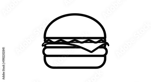Minimalist black outline icon of a simple hamburger shows its layers on a white background for food and restaurant design.