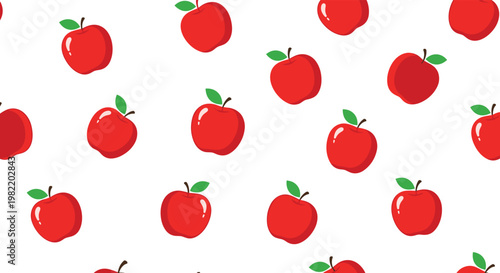 Delicious red apples with small green leaves are arranged in a cheerful seamless pattern on a plain white backdrop.