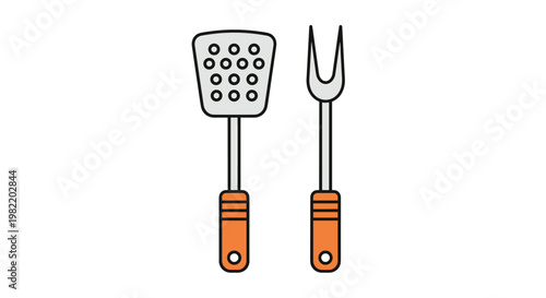 Professional barbecue spatula and large meat fork tools are shown as stylized icons with orange handles and silver metal.
