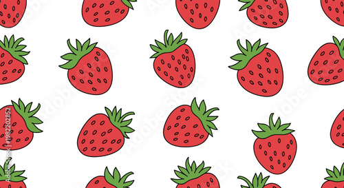 Vibrant red strawberries with green leaves create a sweet and juicy seamless pattern against a crisp white background.