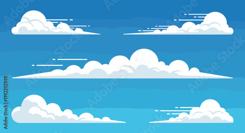 Artistic representation of fluffy white clouds in several shapes drifting across a serene blue sky with soft gradients.