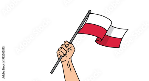 Human hand holding a flag pole with the national flag of Poland waving in the air representing patriotism, national pride, and support for the country.