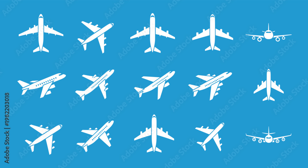Fototapeta premium Large collection of white airplane silhouettes in various flight positions over a blue background for aviation industry graphics and air travel.