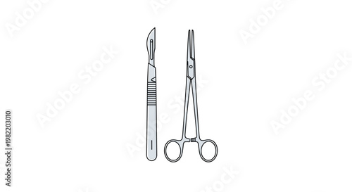 Surgical instruments including a metal scalpel and medical forceps are depicted as simple line art illustrations on a white background.