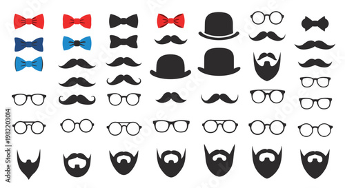 Large set of black silhouettes representing various styles of mustaches, beards, eyeglasses, and colorful bow ties for barber shop themes.