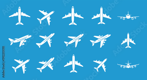 Large collection of white airplane silhouettes in various flight positions over a blue background for aviation industry graphics and air travel.
