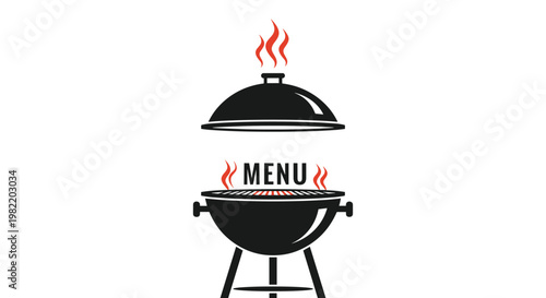 Barbecue grill icon with open lid and rising flames features the word menu for restaurant branding and outdoor cooking events.