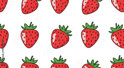Seamless pattern of ripe red strawberries with green leaves creates a fresh and fruity background suitable for food related designs.