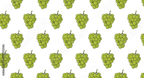 Pattern of fresh green grapes on a white background provides a repeating fruit texture for wine and healthy eating design projects.