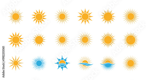 Variety of sun icons and symbols in shades of yellow and blue are arranged in a grid to represent sunny weather and solar energy.