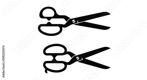 Two silhouettes of open scissors are shown in black for hair salon, tailoring, and stationery related themes on a white background.