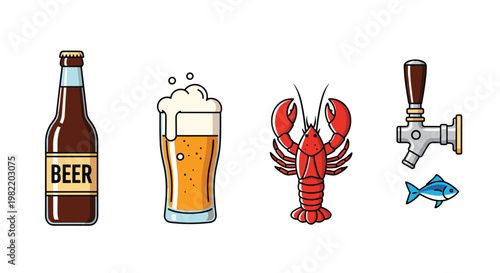 Assortment of icons featuring beer bottles, glasses, taps, a lobster, and a fish for pub menus and seafood restaurant branding.