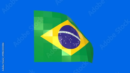3D pixelated Brazil flag waving in the wind in a seamless loop on blue background animation.