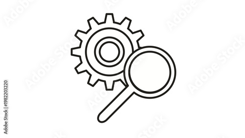 Photography Minimalist black line art vector icon of a mechanical gear and magnifying glass, representing technical analysis, search engine optimization, system diagnostics, and industrial research symbol