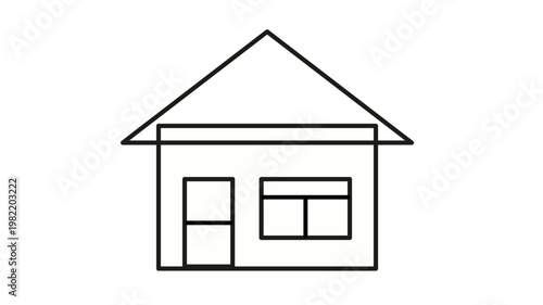 Simple black line house icon vector illustration. Minimalist home symbol featuring a triangular roof, door, and window. Scalable graphic for real estate, architecture, and residential concepts.