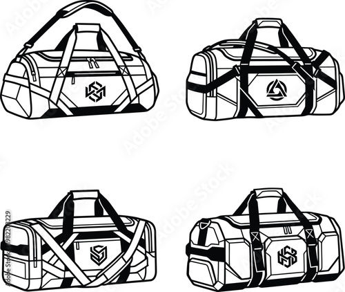 Four distinct line graphic duffel bags with geometric logos, comprehensive for various leisure activities and travel needs.