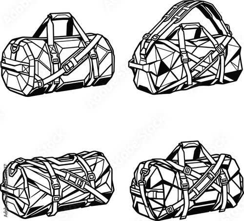 Four geometric duffel bags, intricately designed with faceted patterns and elaborate straps, impeccable for contemporary adventure graphics.