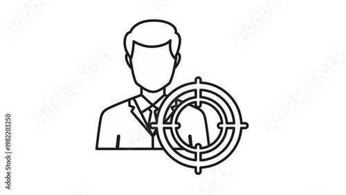 Target person vector icon illustration featuring a businessman silhouette with a crosshair symbol, representing recruitment, headhunting, target audience, marketing focus, and goal achievement.