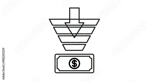 Valokuva Sales funnel vector icon with downward arrow pointing to a dollar bill, representing marketing conversion, business monetization, financial growth, and profit optimization, black illustration