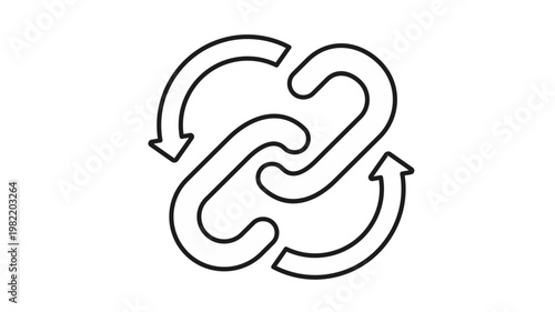 Black line vector icon of two interlocking chain links surrounded by circular arrows, representing backlink building, SEO optimization, data synchronization, and network connectivity illustration.