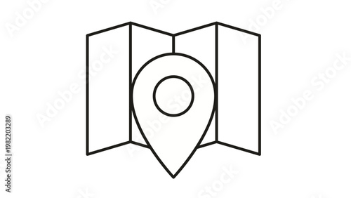 Minimalist black line art vector icon of a folded paper map with a location pin marker symbol, perfect for navigation, travel, GPS, and direction-related graphic design and web interfaces.
