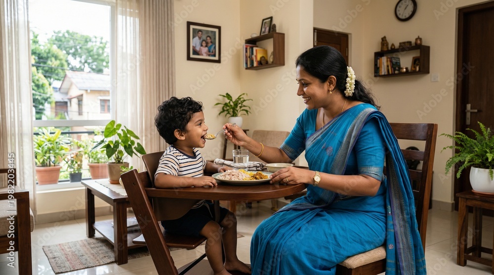 Fototapeta premium Warm Family Meal: Mother Feeding Young Son at Dining Table in Bright, Comfortable Home Setting, Capturing Love and Connection
