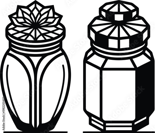 Graceful and intricate vector illustrations of two distinctive adorning jars, featuring unique faceted and floral lid designs in stark black and white.