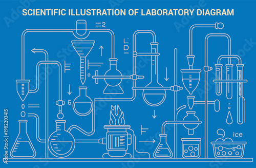 Scientific laboratory apparatus diagram with distillation setup and ice bath during experiment