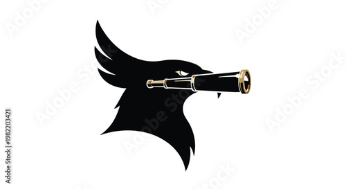 Eagle silhouette holding a vintage brass spyglass demonstrates the concept of visionary leadership and strategic foresight in a corporate environment while providing generous copy space area.