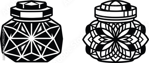 Intricate stylized black and white illustrations of ornamental glass bottles with geometric and floral patterns, highly elaborate vector layout.