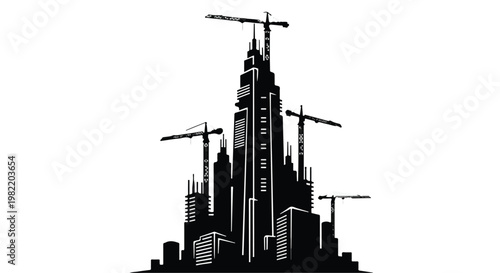 Skyscrapers under construction feature tall cranes working on modern city buildings in this urban development project illustration.