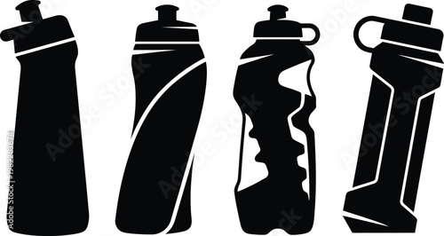 Four distinct black water bottle silhouettes on a uncluttered white backdrop, flawless for fitness and health-related designs.