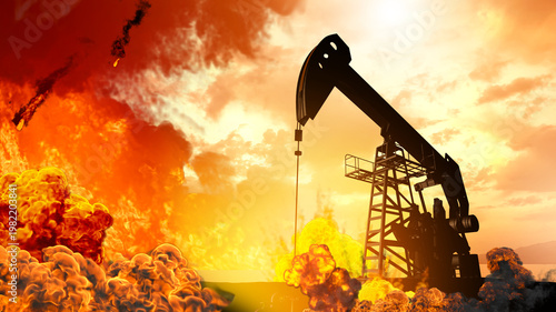 Wallpaper Mural Oil pump jacks silhouettes against massive explosion and fire at oil field from missiles during the war with Iran dramatic 3D render concept Torontodigital.ca