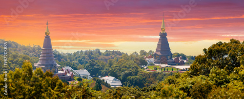 Obraz na plátně Panoramic Two great holy relics pagoda in National Park Doi Inthanon Chiang Mai on sunset, top highest mountain of Thailand
