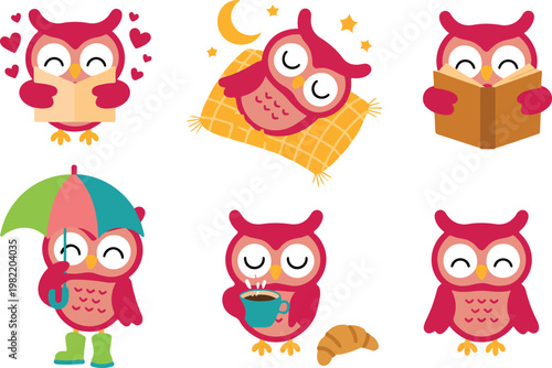 Cute pink owl in different poses drinking coffee sleeping in love holding umbrella simple flat vector illustration set
