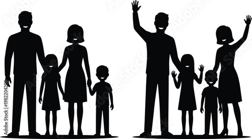 Black silhouettes of two happy families with parents and children standing together  family concept
