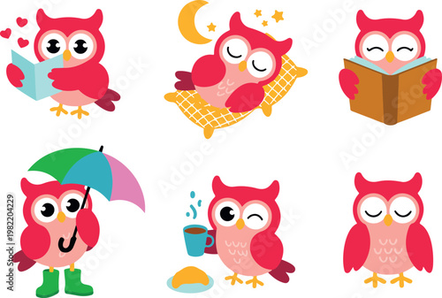 Cute pink owl in different poses drinking coffee sleeping in love holding umbrella simple flat vector illustration set