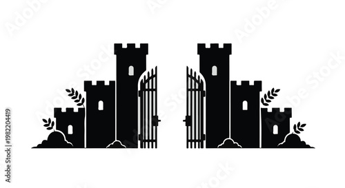 Castle gates standing open invite visitors to explore a historical stone fortress protected by high walls and towers depicted in a clean and symmetrical black silhouette vector art illustration.