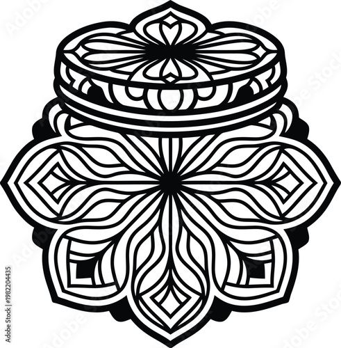 Intricate black and white mandala patterned container sketch flawless for adult coloring book pages.