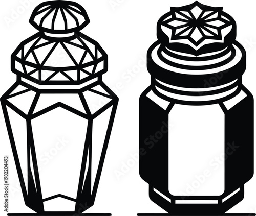 Vector line graphic sketch featuring two unique adorning glass jars with geometric stoppers in minimalist technique.