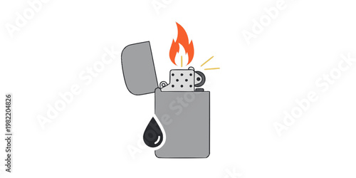 Gasoline lighter icon. Pocket lighter and ignition symbol. Flame, spark and fuel sign. Fire start concept representing gasoline lighter, refillable and flammable ignition tool.