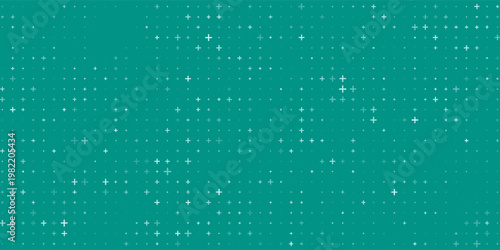 Seamless background pattern of evenly spaced white plus symbols of different sizes and opacity. Vector illustration on teal background with stars